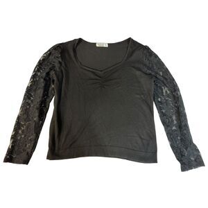 A+ Madison Women’s Black Lace Long Sleeve Top Size L Stretch Sheer Sleeves